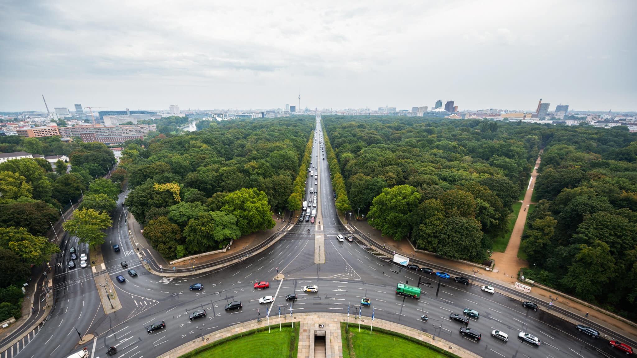 Aerial drone view of Berlin downtown from Victory column, Germany